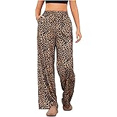 OYOANGLE Women's Leopard Print Elastic High Waist Long Pants Cheetah Printed Wide Leg Loose Trousers with Pockets