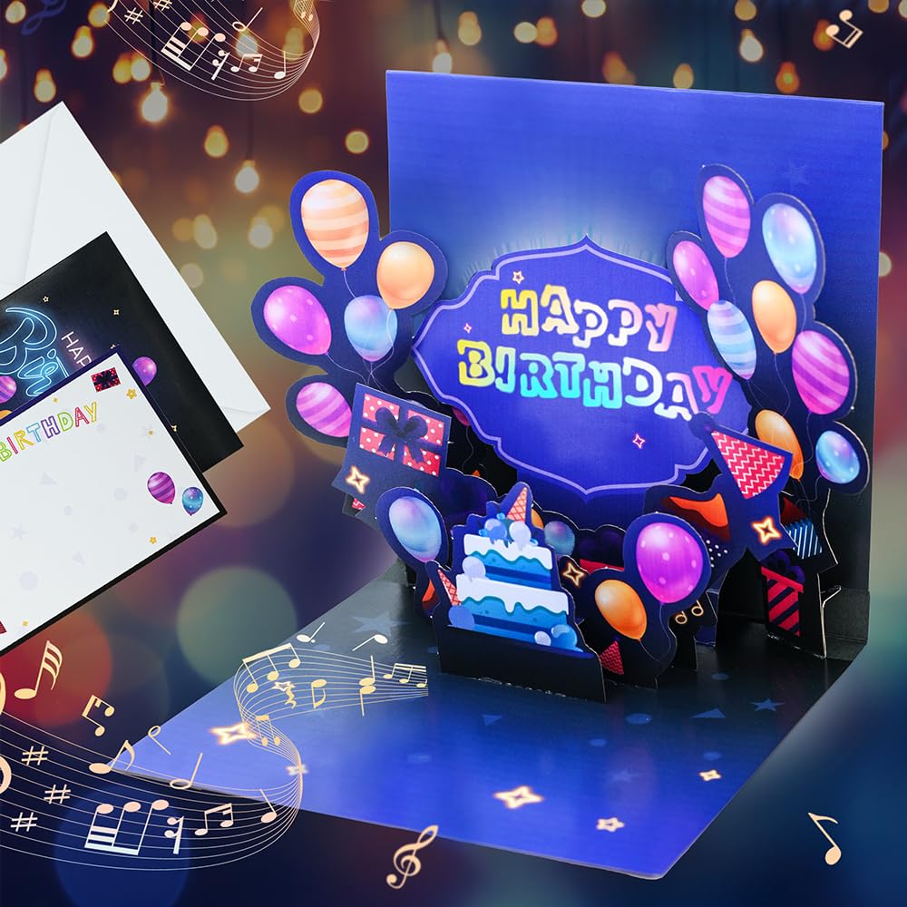 Photo 1 of 3D Popup Happy Birthday Cards - Musical Light Up Greeting Card - Pop Up Greeting Card with Neon Balloons-Cake Design - Includes Blank Card, White Mailing Envelope & Battery - Plays Happy Birthday Song