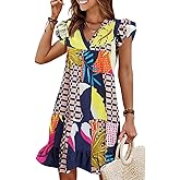 QACOHU Spring Summer Dresses for Women 2026 V Neck Cap Sleeve Ruffle Hem Smock Short Casual Beach Dress