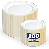 WDF 200PCS White and Gold Plastic Plates - Gold Plastic Plates - Include 100 Dinner & 100 Dessert Disposable Party Plate - Fancy Disposable Plate for Wedding/Bridal shower/Valentine‘s Day