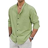 Mens Band Collar Shirts Vacation Casual Long Sleeve Button Down Tops with Pocket (S-2XL)