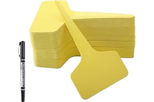 100 Pcs T-Type Plant Labels with a Gel Pen, Waterproof Nursery Plant Tags Plastic Garden Markers, Yellow, 6 x 10cm