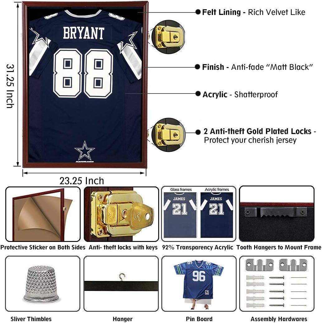 Snail Jersey Frame Display Case Large Lockable Frames Shadow Box with UV Protection Acrylic for Baseball Basketball Football Soccer Hockey Sport Shirt, Hanger and Wall Mount Option, Mahogany Finish : Sports & Outdoors