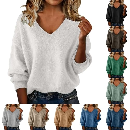Cardigans for Women UK, Jumpers for Women UK Winter Lightweight Sweater Soft Comfortable Long Sleeves Plain Pullover Solid Color Casual V Neck Tops Clothing Fashion Slim Fit Fall Outfits White