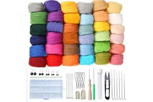 Joyeee 36 Colors Fibre Wool Yarn Roving for Needle Felting Hand Spinning DIY Craft Material, Needle Felting Foam, Awl, Glue Stick, Finger cots, Scissors and Other Felting Supplies for DIY Wool Felting