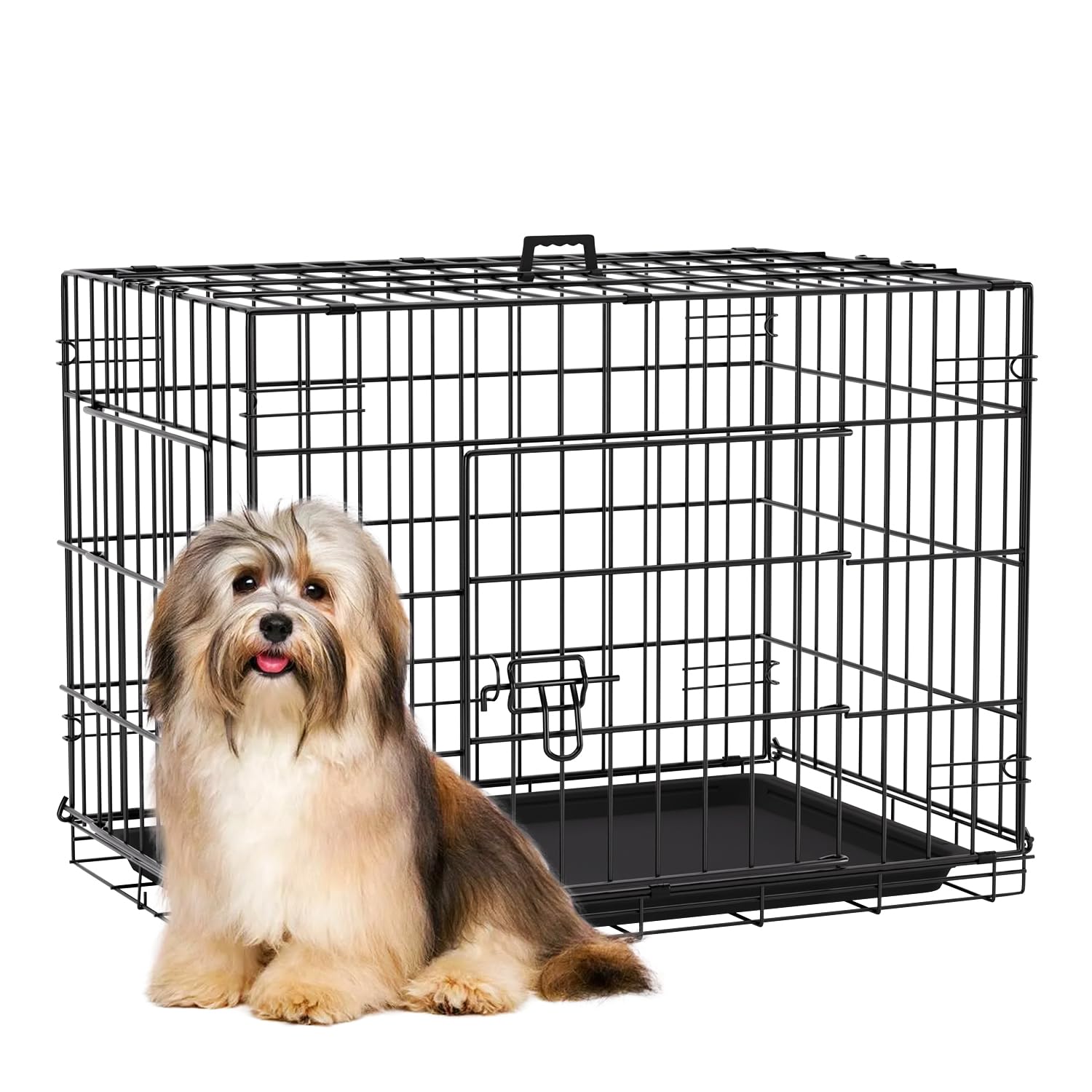 FDW Dog Crate 24-Inch Dog Cage Single Door Foldable Metal Kennel with Leakproof Tray Foldable Design Indoor Outdoor Use for Small Dogs,Dark Black Image