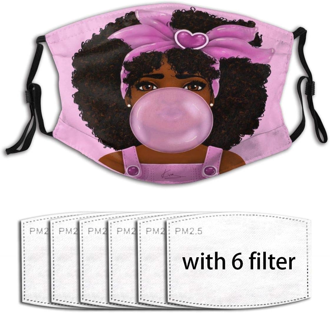 Dust Face Cover Washable Reusable Replaceable Filter Activated Carbon Soft Guard Windproof Outdoor Running/Cycling/Travel/WorkingCurly Hair Black Girl Blowing Bubble Gum