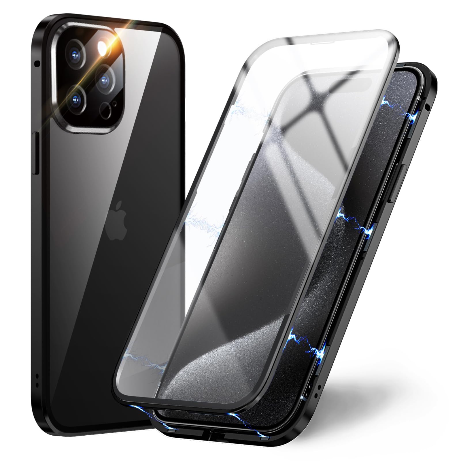 OMGZONE Magnetic Case for iPhone 15 Pro Max Full Body Cover,Screen Protector built-in Transparent Tempered Glass and Camera Protector,360 Degree Metal Bumper Case for iPhone 15 Pro Max,Clear Black — image 1