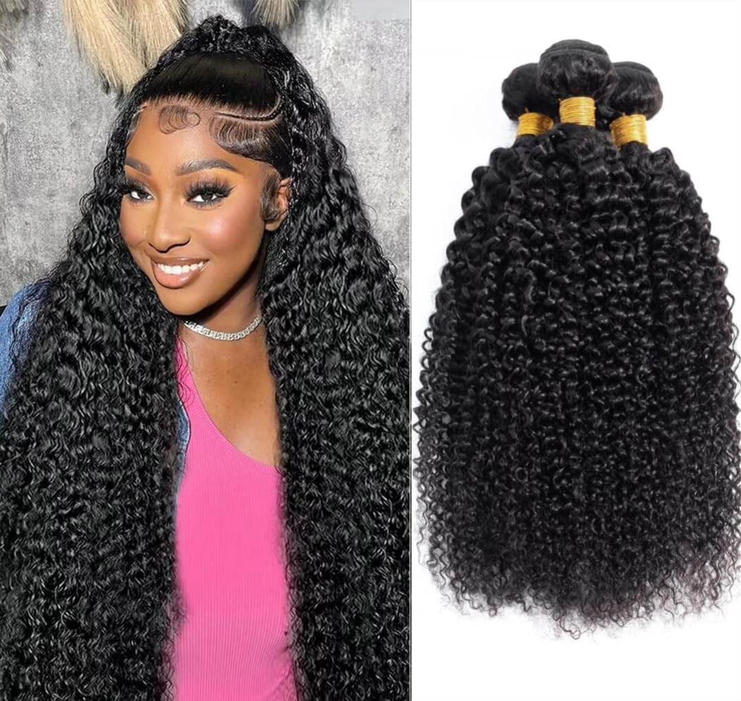 Zekan Brazilian Kinky Curly Human Hair Bundles, 3 Bundles, 12A Unprocessed Virgin, Natural Black, 12-16 inches, Curly, Kinky, Sew-In Installation, Hair Extensions