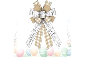 ESTIVAUX Large Easter Religion Bows for Wreath, Wedding Church Wreath Bow Natural White Buffalo Plaid Ribbon Religion Cross Burlap Craft Bows for Front Door Easter Baptism Party Decorations