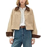 Agoeast Womens Cropped Barn Jacket Contrast Collar Long Sleeve Button Utility Coat Casual Outwear with Pockets