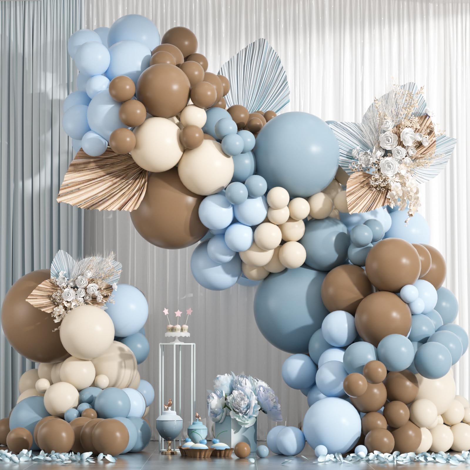 Photo 1 of 154pcs Dusty Blue and Brown Balloon Arch Kit, 18 12 10 5 inch Light Blue White Sand Beige Tan Neutral Balloons for Bear Baby Shower, Woodland Gender Reveal,Boho Birthday Party Decoration
