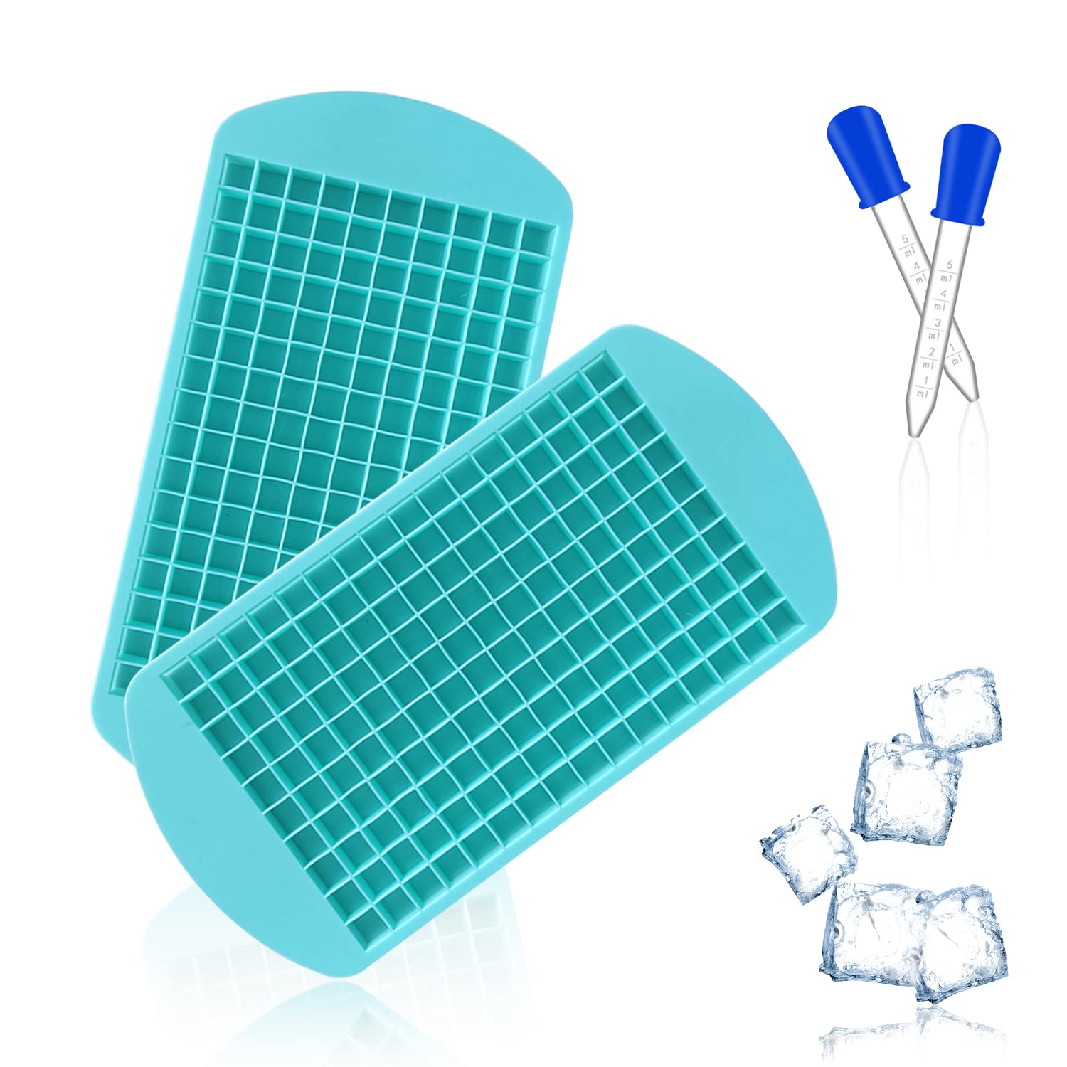 2 Piece Square Ice Cube Tray, Silicone Ice Cube Mold, Easy-to-Release Whiskey ice molds, Mini Ice Cube Mold, with 2 Piece Dark Blue Silicone Dropper, for Frozen Beverages, Cocktails, Juices