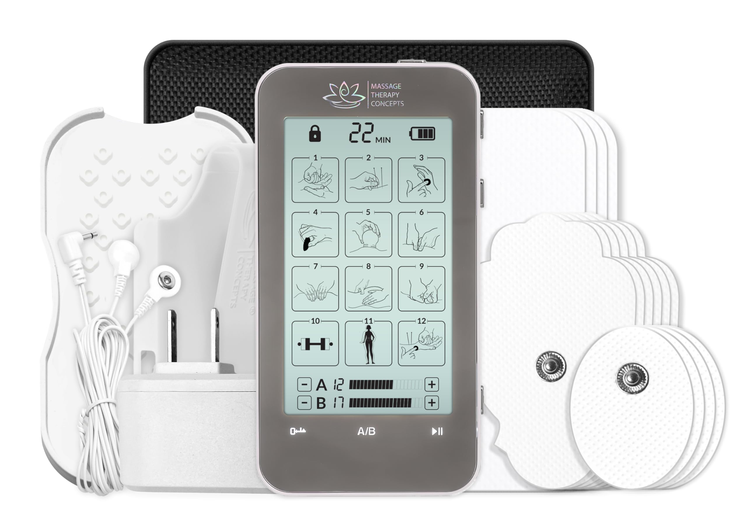 Massage Therapy Concepts Deluxe TENS Unit Muscle Stimulator & Accessories - Rechargeable EMS Machine for Neck & Back Pain Relief, Sciatica - Electrotherapy with 12 Modes & 20 Intensity Levels