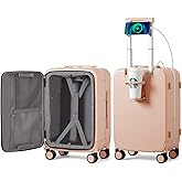 mixi Carry On Luggage with Cup Phone Holder and Charger Hard Shell Suitcases with Spinner Wheels,20 Inch Light Pink
