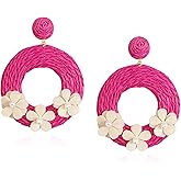 Chanaiqw Round Circle Statement Raffia Earrings Boho Rattan Dangle Lightweight Straw Wrap Summer Drop Dangling Earrings for Women