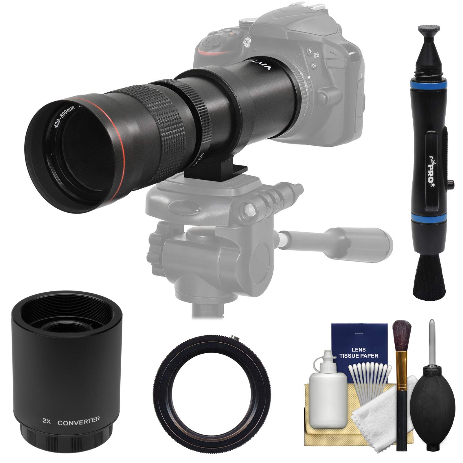 Vivitar 420-800mm f/8.3 Telephoto Zoom Lens (T Mount) with 2X Teleconverter (=1600mm) + Kit for Niko