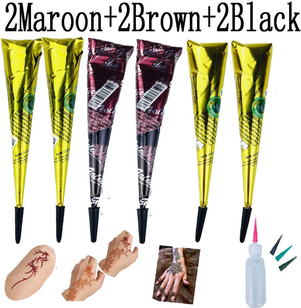 Temporary Tattoo Cones, 6PC Paste Cones Black Maroon Brown Body Art Painting Drawing，1Pcs Bottle, 4Pcs Nozzles