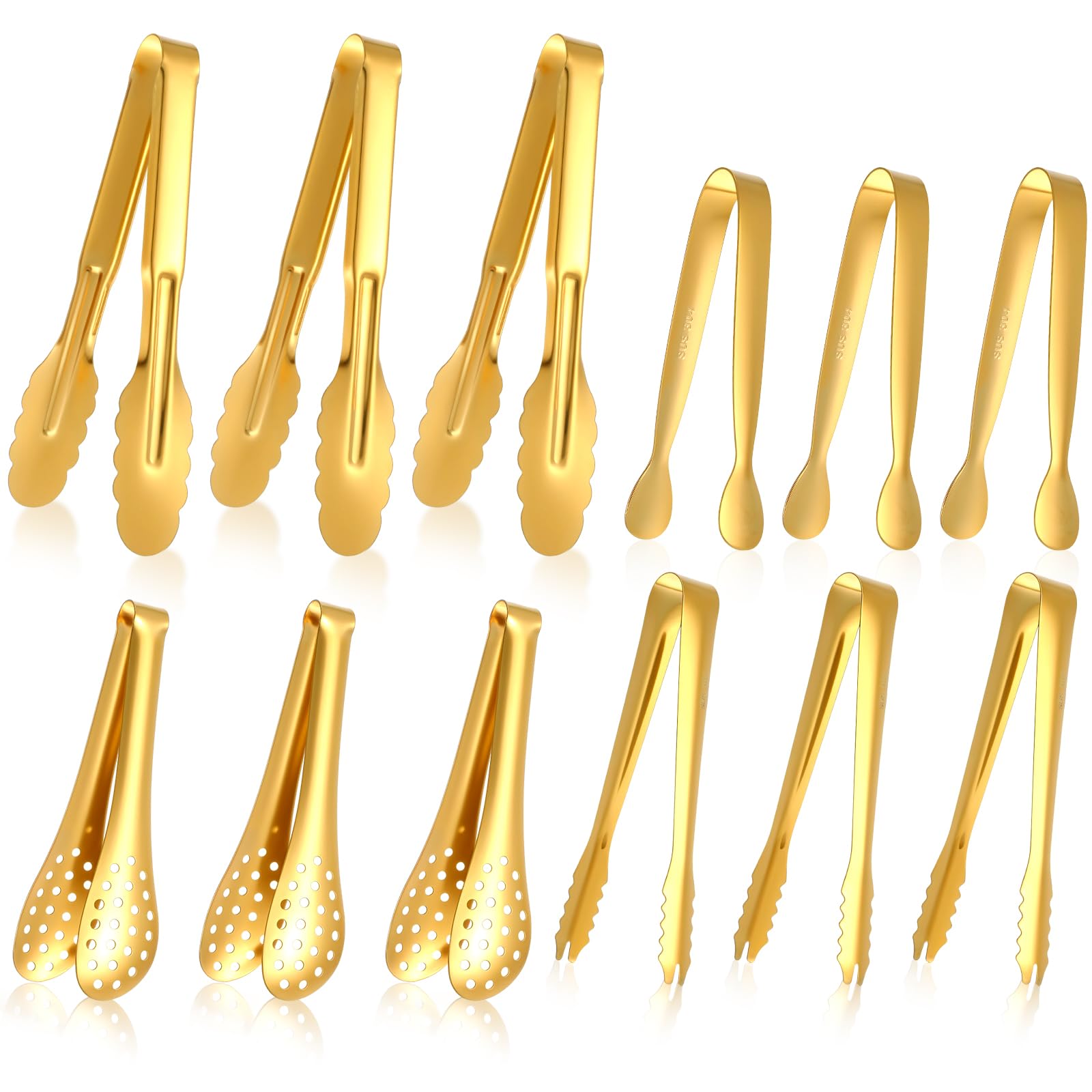 Photo 1 of 12 Pcs Gold Tongs for Serving Food Stainless Steel Small Gold Serving Tongs for Appetizer Tea Party Coffee Bar Food Ice Salad Barbecue Cookies Sugar, 4 Styles