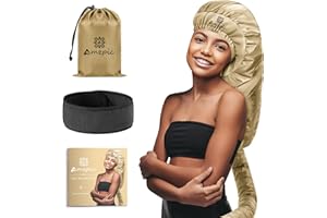 AMZPIC Bonnet Hair Dryer Attachment - Bonnet Hood Dryer with Headband That Reduces Heat Around Ears and Neck, Use for Hair Styling, Hair Drying, Curling and Deep Conditioning (Extended Version, Gold)