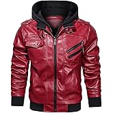 HOOD CREW Men’s Casual Stand Collar PU Faux Leather Zip-Up Motorcycle Bomber Jacket With a Removable Hood