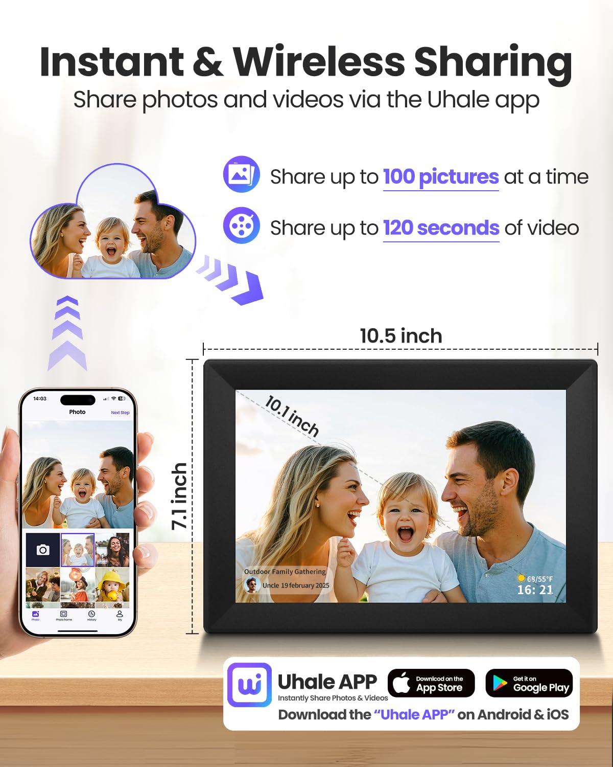 Uhale 10.1inch Digital Picture Frame WiFi Smart Touch Screen Digital Photo Frame 1280 * 800 IPS HD Display Screen Electronic Photo Frame 16GB Storage, Send Photos and Videos Instantly with Uhale