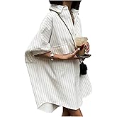 GORGLITTER Women's Button Down Shirt Dresses Striped Oversized Long Sleeve Collared Tunics High Low Blouse Tops with Pockets