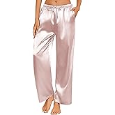Ekouaer Womens Silk Satin Pajama Pants Casual Loose Lounge Pants Drawstring Elastic Waist Wide Leg Pj Bottoms with Pockets