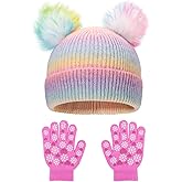 Little Girls Rainbow Beanie Hat and Glove Set Multicolor Knit Pompom Beanies for Winter Snow Ski Caps Age 3-8