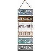 Yudarte Large Bathroom Rules Wall Hanging Sign with Jute - 6pcs Wooden Decor Wall Art Plaque for Toilet Restroom 38x12 Inches