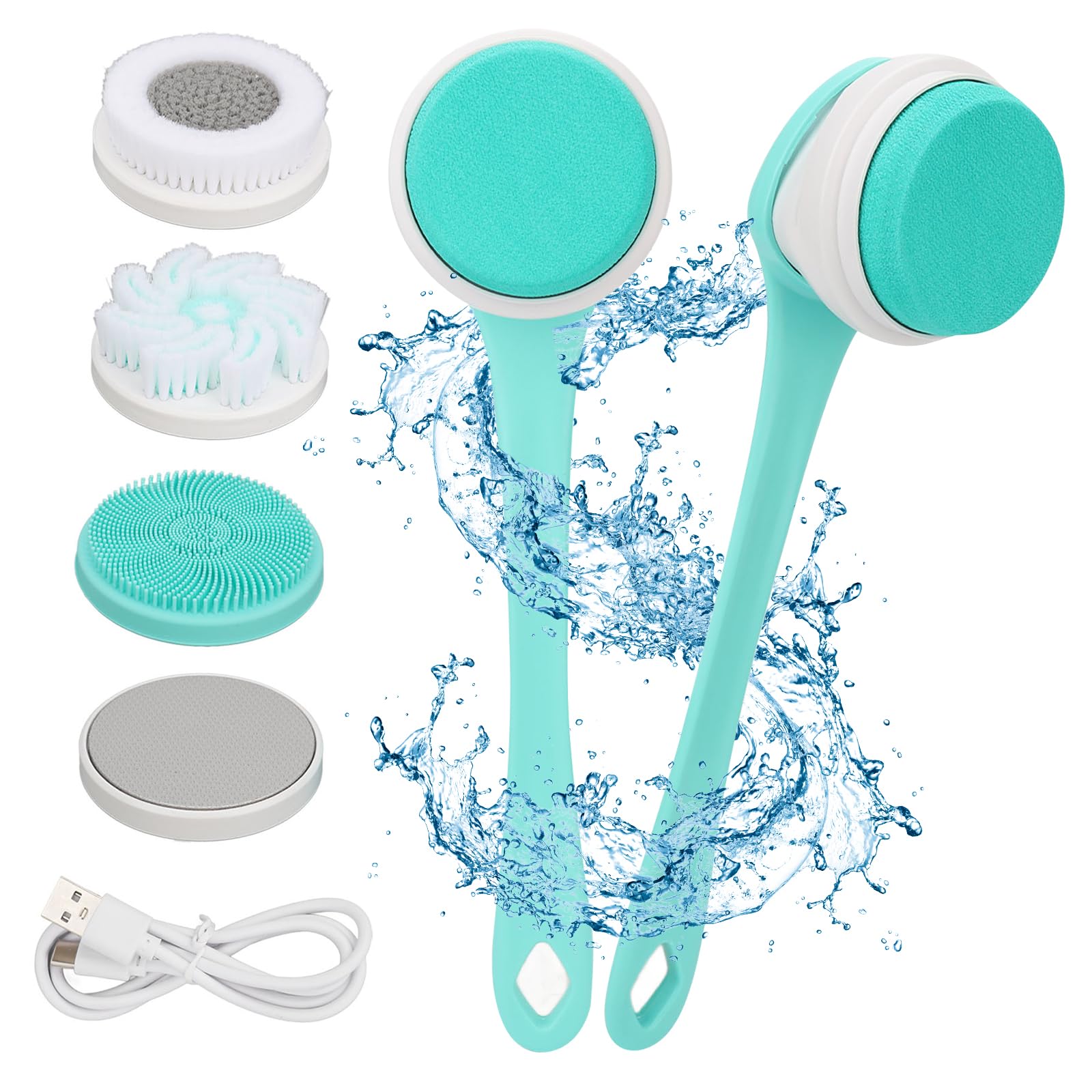 Sonew Electric Shower Brush, 3 Gear, 5 Brush Heads, Long Handle, Deep Cleansing, Gentle Exfoliation, Massaging