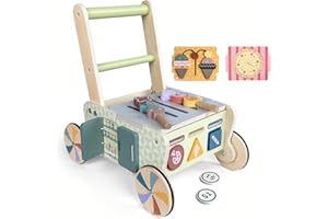 AmazingJoy Wooden Push Walker for Babies with Wheels 12 Months+ Wooden Baby Walker Activity Walker for Babies Montessori Multiple Learning Activities Center Walking Toy Adjustable Speed Birthday Gift