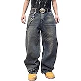 DFGIGT Mens Streetwear Hip Hop Baggy Jeans Wide Leg Skater Denim Pants Loose Long Trousers