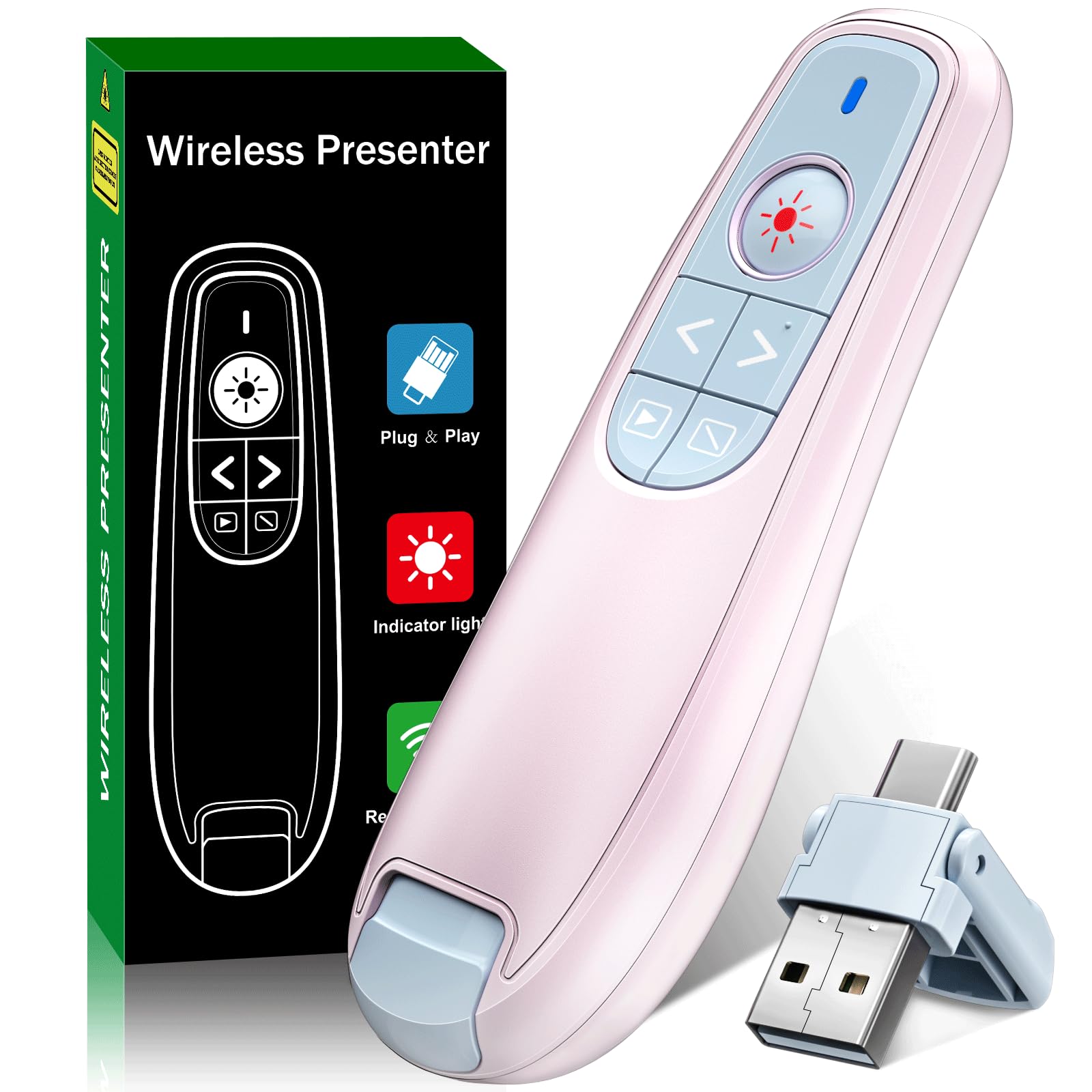 Photo 1 of 2-in-1 USB Type C Presentation Clicker, Wireless Presentation Clicker PowerPoint Presenter Remote with Volume Control, Powerpoint Clicker with Slide Advancer for Computer/Laptop/Mac,Pink