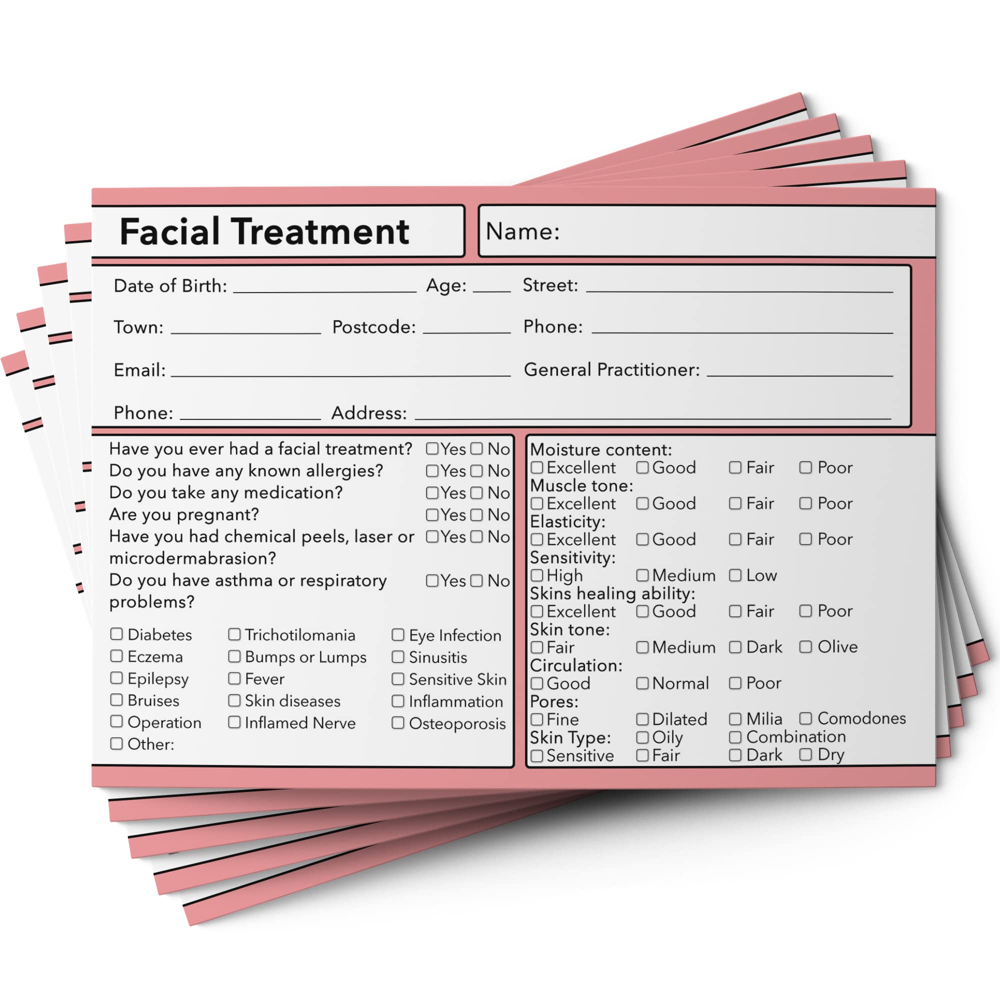 Facial Treatment Client Cards GDPR A6 Size - Salon and Therapist Customer Consultation Record - Treatment Services Essentials - Profile and Recording Forms - 105x148mm - Pack of 25