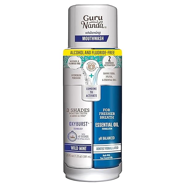 GURUNANDA TEETH WHITENING DUAL BARREL OXYBURST MOUTHWASH – ALCOHOL & FLUORIDE FREE, HYDROGEN PEROXIDE TO PROMOTE WHITER TEETH – WILD MINT – 20 FL OZ