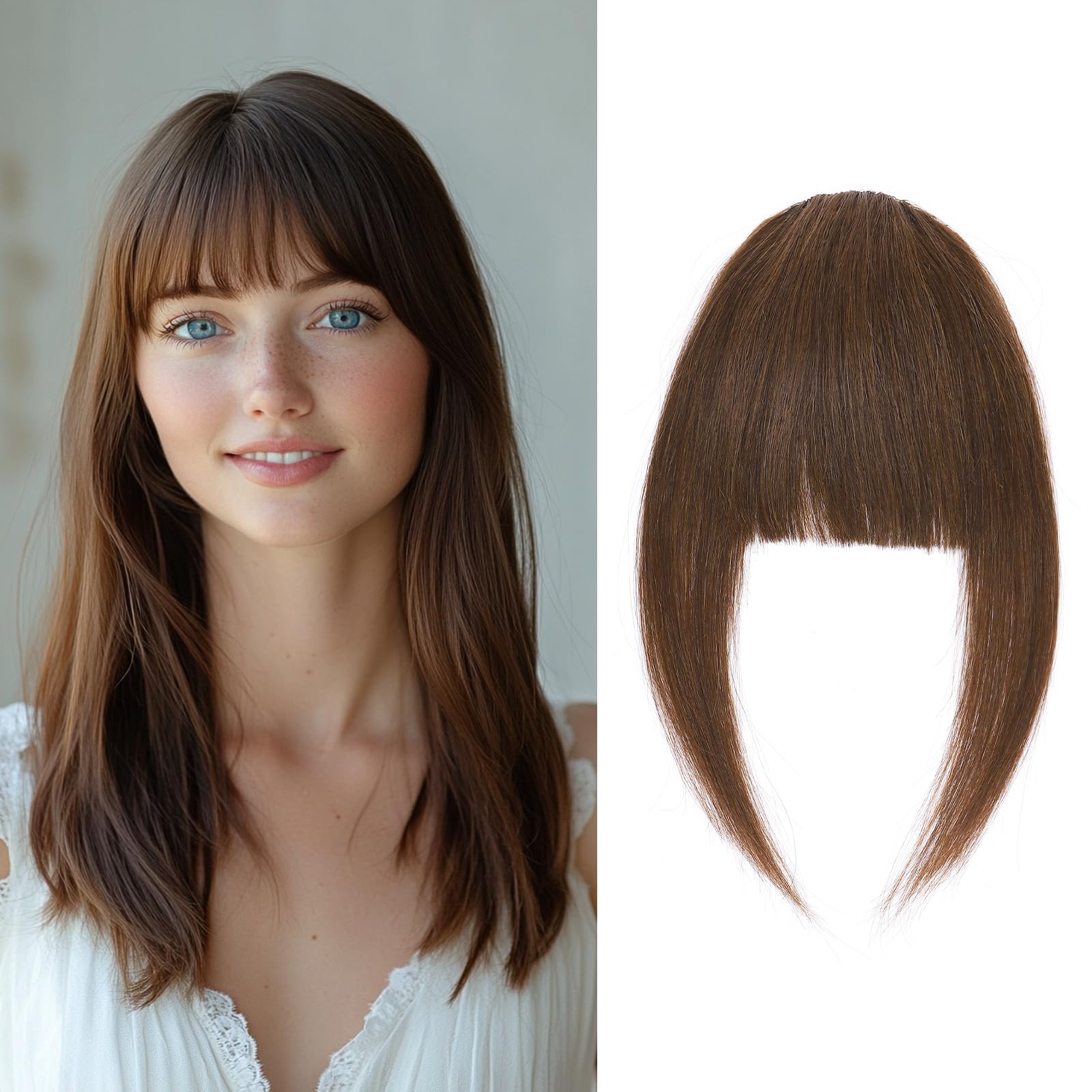 Clip in Fringe Human Hair Clip on Bangs Remy Hair Pieces for Women Short 14g French Fringe #4 Medium Brown