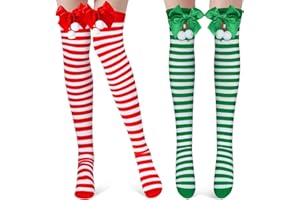 LOOPEER 2 Pairs Christmas Striped Thigh High Socks Women Long Striped Socks Candy Cane High Stockings with Bow for Women and Girls