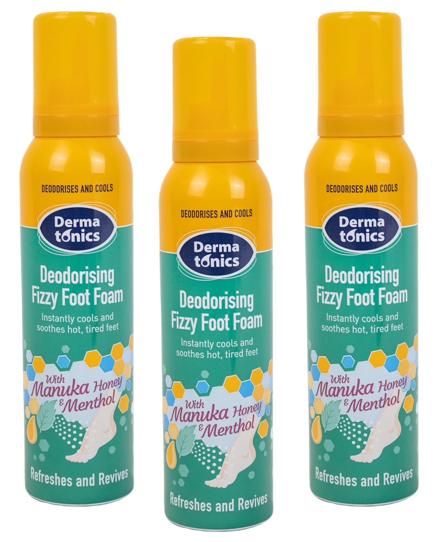 Dermatonics Deodorising Fizzy Foot Foam | Refreshing Menthol & Manuka Honey Formula for Long-lasting Comfort | Suitable for Diabetics | Cools & Soothes Tired Feet | 3 x 150 ml