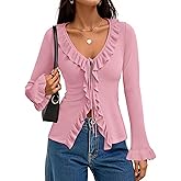 ZESICA Womens 2026 Fall Tie Front Bow Cardigan Sweaters Long Bell Sleeve V Neck Ruffled Knit Cropped Trendy Tops