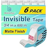 BeataTap Tape, Invisible Tape for Gift Wrapping, 6 Rolls+6 Refillable Dispensers, Matte Finish, Writable, 3/4″x 650″, Clear T