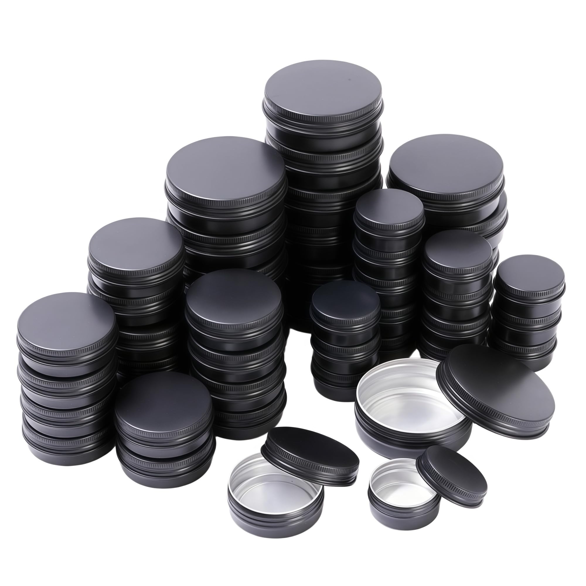 LJY 48 Pack Round Black Metal Tins with Screw Lids, Mixed Sizes(0.5oz,1oz,2oz)-Aluminium Travel Containers for Toiletries, Lip Balm Making Kit, Candle Tins and Small Jars for Workshop Screw Storage