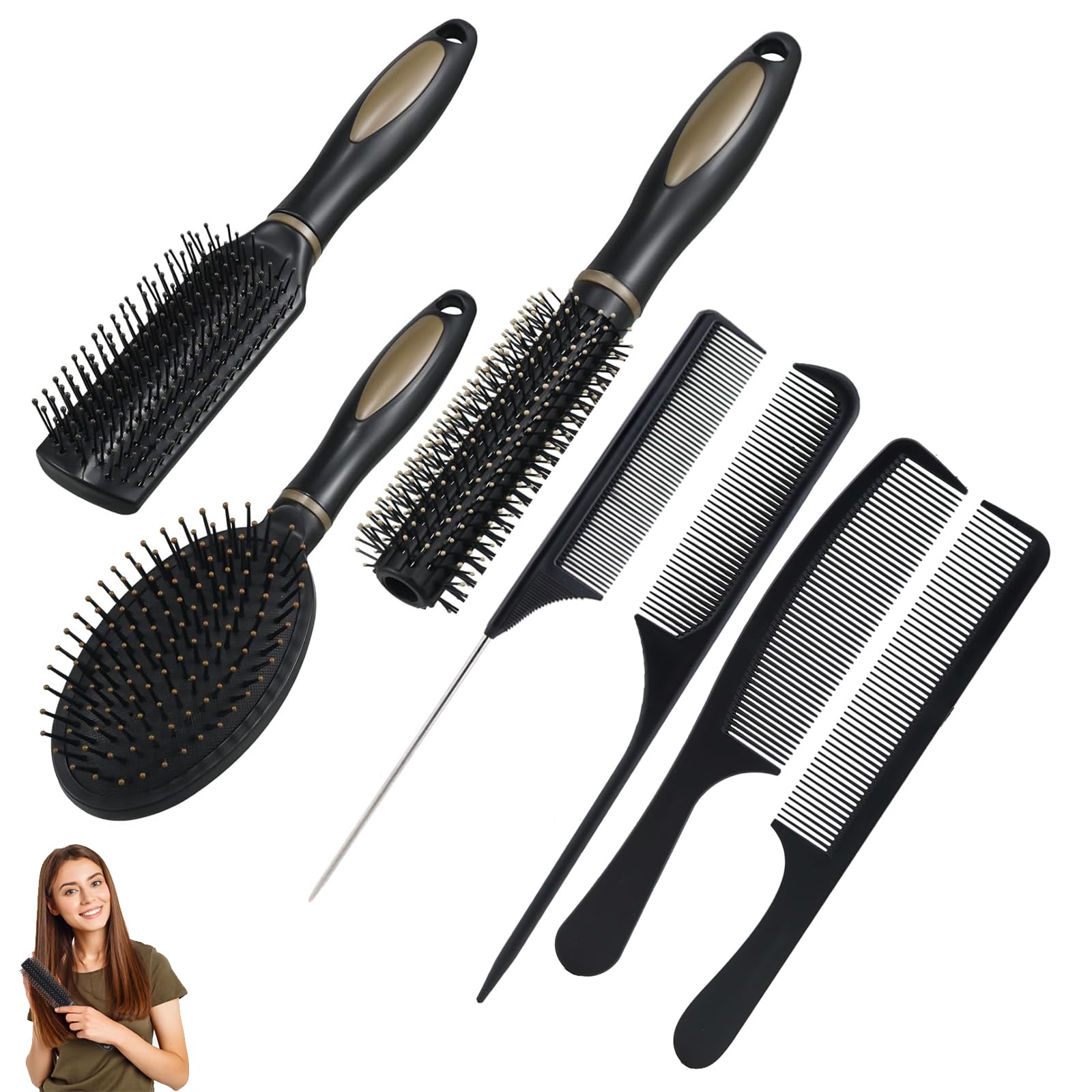 Hair Brush Set, 7-Piece Hair Brush Set, Anti-Static Massage Oval Comb, Round Hair Brush, Ventilation Hair Brush, Detangling Brush, Paddle Brush for Women, Men, Children (Black)