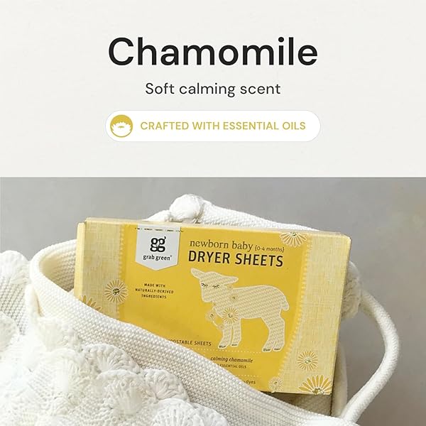 GRAB GREEN NEWBORN BABY DRYER SHEETS – NATURAL SCENT BOOSTER AND FABRIC SOFTENER TO REDUCE WRINKLES AND STATIC (CALMING CHAMOMILE SCENT, 40 SHEETS TOTAL)