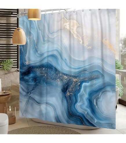 Uiiooazy Blue Marble Shower Curtain - Waterproof Fabric 72x72 Inches, Modern Abstract Design, With Hooks, For Bathroom, Hotel, Dorm, RV
