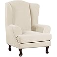Turquoize Wingback Chair Covers 2 Piece Wing Chair Slipcover Stretch Slipcovers for Wingback Chairs Wing Chair Cover Spandex Jacquard Fabric with Elastic Bottom Non-Slip Furniture Cover,Biscotti Beige