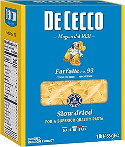 De Cecco Farfalle No. 93 Pasta, 16 Oz, Authentic, Slow Dried, Made with Durum Wheat, Versatile Pasta for Sauces & Recipes, Ma