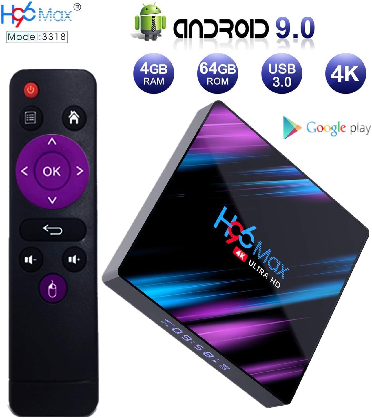 Android 9.0 TV Box, H96 MAX 4GB 64GB Android TV Box USB 3.0/BT 4.0/2.4G 5G Dual WiFi/3D/4K/H.265 KD18.1 Smart TV Box