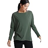 CRZ YOGA Pima Cotton Boat Neck Long Sleeve Shirts for Women - Workout Athletic Yoga Casual Tops Loose Fit Fall T-Shirts