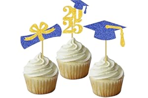 DOMOO OF DREAMS Graduation Cupcake Toppers Grad Party Decoration Food Picks Congrats Glitter Diploma Cap School Colors Supplies 24 PCS Blue Gold